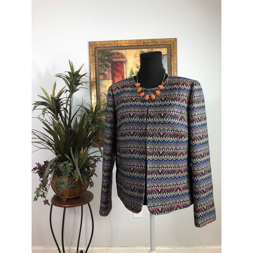 Tahari Blazer Womens Size 12 Multicolor Textured Open Front‎ Jacket Career